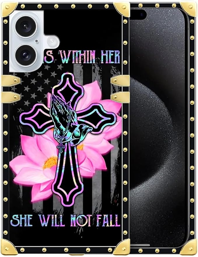Compatible with iPhone 16 Plus Case, Praying Cross Hands Luxury Golden Decoration for Girl Women Soft TPU Shockproof Protective Hard PC Back for iPhone 16 Plus