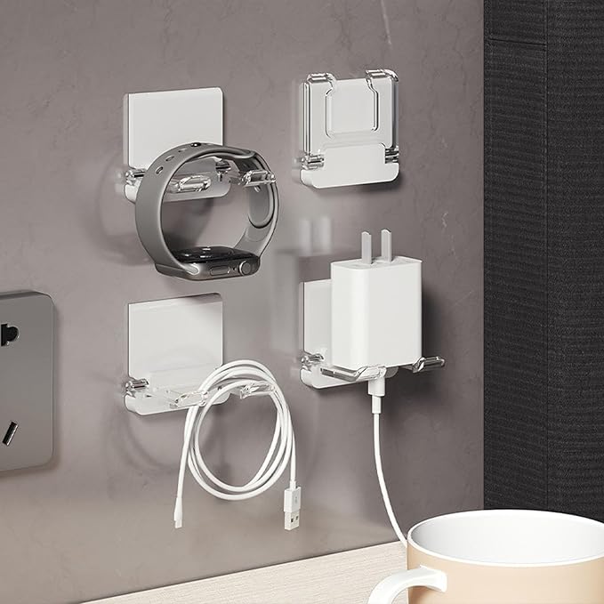 Self-Adhesive Foldable Hook | Wall-Mounted Power Cord Organizer | Razor Holder | Multi-Purpose Hanging Hook for Kitchen & Bathroom | 4-Pack↳ (4, White+Clear)