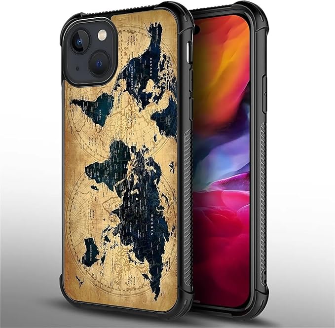 for iPhone 15 Plus Case, Brown World Map Pattern Made of Soft Silicone Hard Acrylic Shock Protection for iPhone 15 Plus