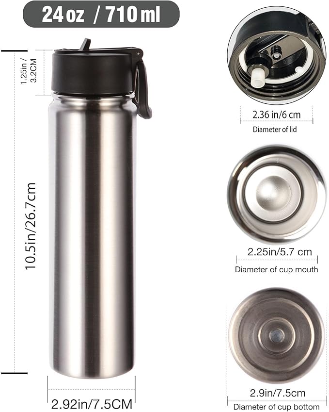 Volhoply 24oz Insulated Water Bottle With Straw Bulk 3 Pack,Metal Wide Mouth Water Bottles With Handle Lid Keep Cold,Reusable Double Wall Cups,Powder Coated Sport Bottle For Holder(Silver,3 Count)