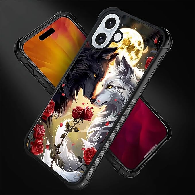 for iPhone 16 Case, Black White Wolf Moon Flower Rose Pattern Graphic Design Girl Boy Soft Silicone Hard Acrylic Shock Protection for iPhone 16