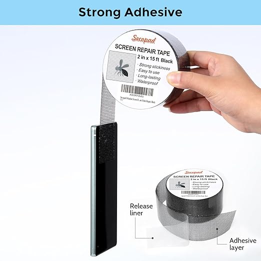 Secopad Black Window Screen Repair Tape, 2 in X 15 FT (180IN) Screen Repair Kit for Windows or Doors, Strong Adhesive Screen Patch Fiberglass Screen Tape Mesh Repair