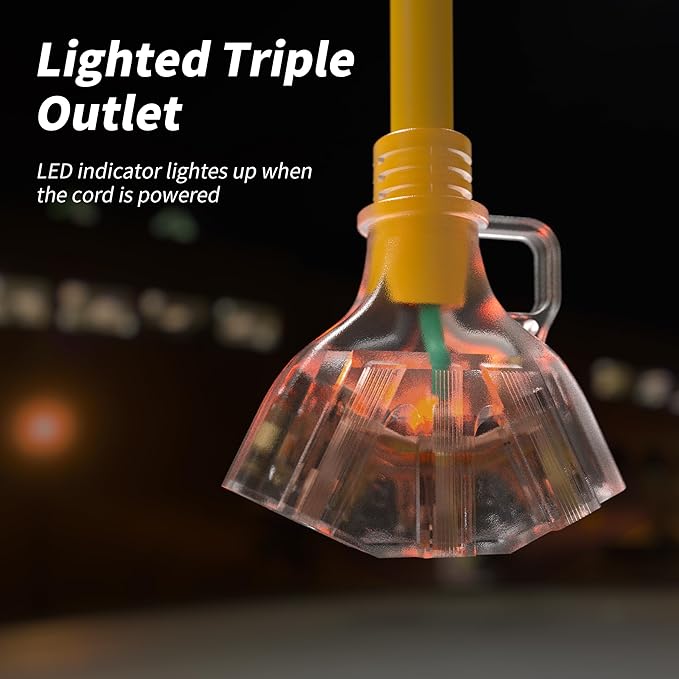 PlugSaf 3 FT 12/3 Gauge Outdoor Extension Cord with Multiple Outlets Light Indicator, Flexible 3 Outlet Weatherproof Heavy Duty Extension Cord Waterproof Yellow, 15A 1875W 12AWG SJTW, ETL Listed