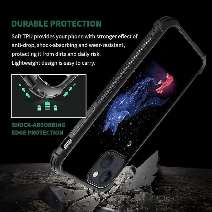 for iPhone 15 Plus Case, Galaxy Fox Wolf Pattern Graphic Design Girl Boy Soft Silicone Hard Acrylic Shock Protection for iPhone 15 Plus