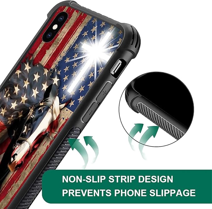 for iPhone X/Xs Case, Red American Flag Horse Cross Pattern Made of Soft Silicone Hard Acrylic Shock Protection for iPhone X/Xs