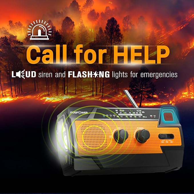 FosPower NOAA Emergency Weather Radio A3 14800mWh Portable Power Bank, AM/FM, USB/Solar/Hand Crank Charging, SOS Alarm & Flashlight for Indoor/Outdoor Emergency - Orange