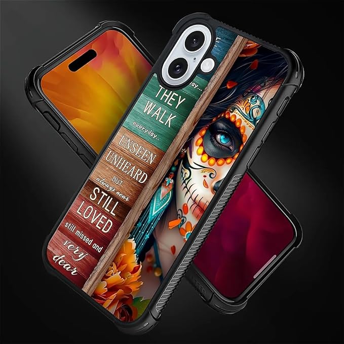 for iPhone 16 Case, Sugar Skull Day of Death Halloween Pattern Graphic Design Girl Boy Soft Silicone Hard Acrylic Shock Protection for iPhone 16