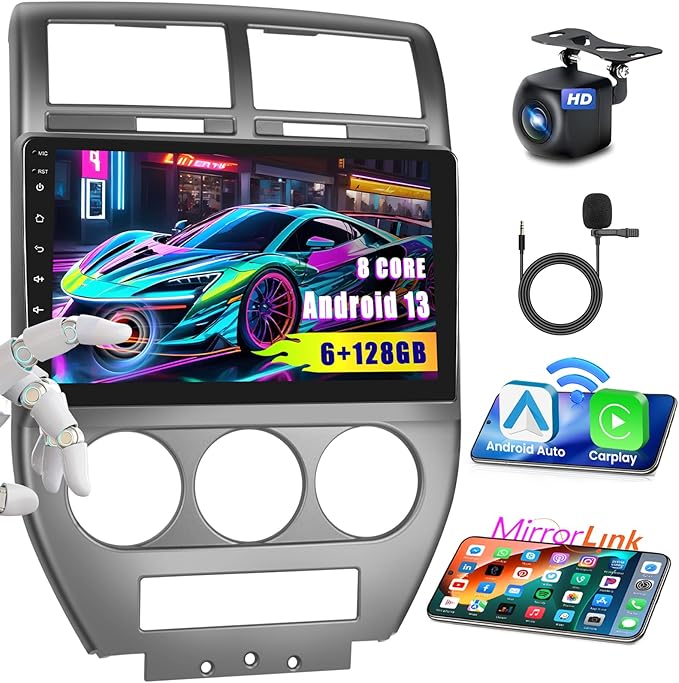 [6+128GB] Hikity Android 13 Car Radio for 2007-2010 Jeep Compass Patriot with Wireless Carplay, 10.1'' Touch Screen Stereo Dash Kit, Android Auto/32EQ DSP/Bluetooth 5.0/GPS/WiFi/SWC, Backup Camera MIC