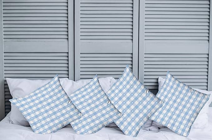Ambesonne Checkered Decorative Throw Pillow Case Pack of 4, Gingham Motif with Little Hearts Pastel Blue Shower Theme, Cushion Cover for Couch Living Room Car, 16", Pale Blue White