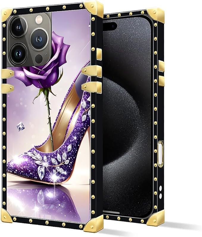 Compatible with iPhone 16 Pro Max Case, High Heeled Purple Diamond Rose Luxury Golden Decoration for Girl Women Soft TPU Shockproof Protective Hard PC Back for iPhone 16 Pro Max
