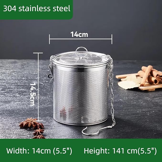 Stainless steel cylindrical seasoning filter, Multi purpose spice filter, Mesh Design Tea Ball Strainer Soup Seasonings Seperation Basket Filter with Chain Hook for Home Restaurant (14 * 14CM/2.154L)