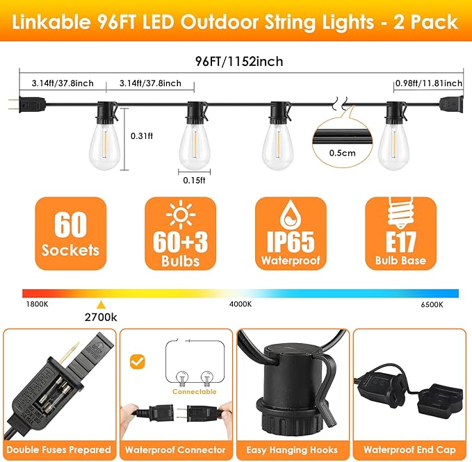 Larkvue 192FT(2x96FT) LED Outdoor String Lights, Patio Lights with 60+3 Shatterproof Waterproof 2700K Dimmable Bulbs, Linkable Light for Balcony-Black