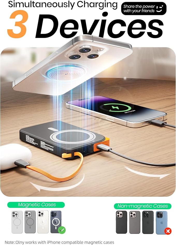 for Magsafe Battery Pack, Magnetic Power Bank with Stand, 10000mAh Wireless Portable Charger Fast Charging with Built in Cable(USB C), Powerbank for iPhone17/16/15/14/13/12 Travel & Daily, Pink