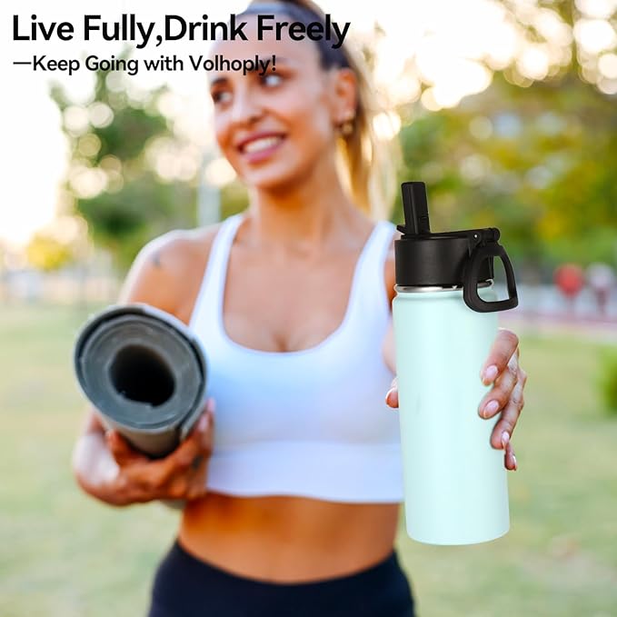 Volhoply 18oz Kids Insulated Water Bottle,Stainless Steel Water Bottles with Straw Lid,Wide Mouth Reusable Metal Water Bottle,Double Wall Vacuum Sports Travel Flask For Cold Drink(Fog,1 Set)