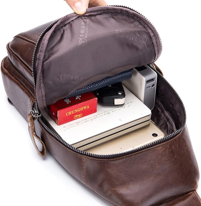 Hebetag Leather Sling Bag Crossbody Backpack for Men Women Outdoor Travel Work Shoulder Chest Pouch Camping Casual Daypack Coffee 18cm(W) x8cm(D) x30cm(H)(7.08"x3.14"x11.81") approx;