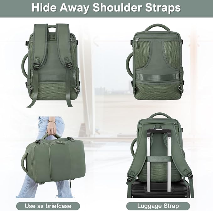 Sinaliy Travel Backpack, Carry on Flight Approved Backpack with Multi-Pockets, TSA Waterproof 17.3inch Laptop Backpack, Personal Item Travel Bag for Men Women, Army Green