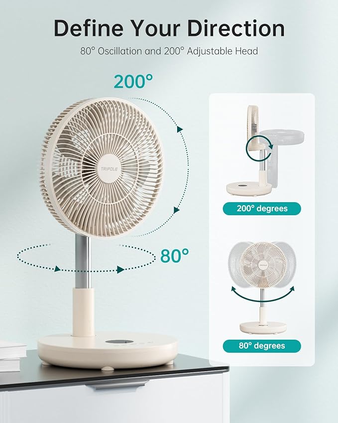 TriPole Foldable Standing Fan 12" Portable Rechargeable Battery Pedestal Fan with Remote, Timer Setting, Height Adjustable, for Home Office, 6 Speed, 12000mAh (Beige)