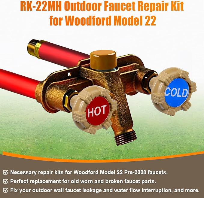 RK-22MH Outdoor Faucet Repair Kit for Woodford Model 22 Outside Faucets Parts Include Wheel Metal Handle Screws Packing Nut Washer Valve Seat Rubber, 18PCS Set