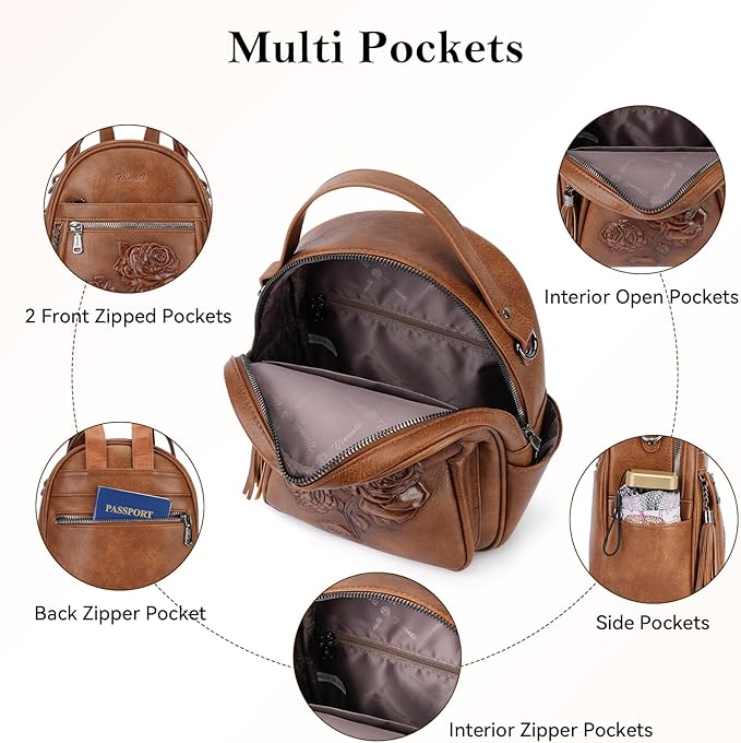 Mini Backpack Purse for Women,Embossed Leather Small Backpack Fashion Travel Backpacks Daypacks Shoulder Handbag (BROWN-Flower)