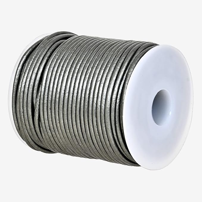 GENIQUE Real/Genuine Round Leather String Cord for Necklace, Bracelets, Jewelry, Kumihimo Braiding, DIY Projects (20 Metres) (2mm, Grey Metallic)