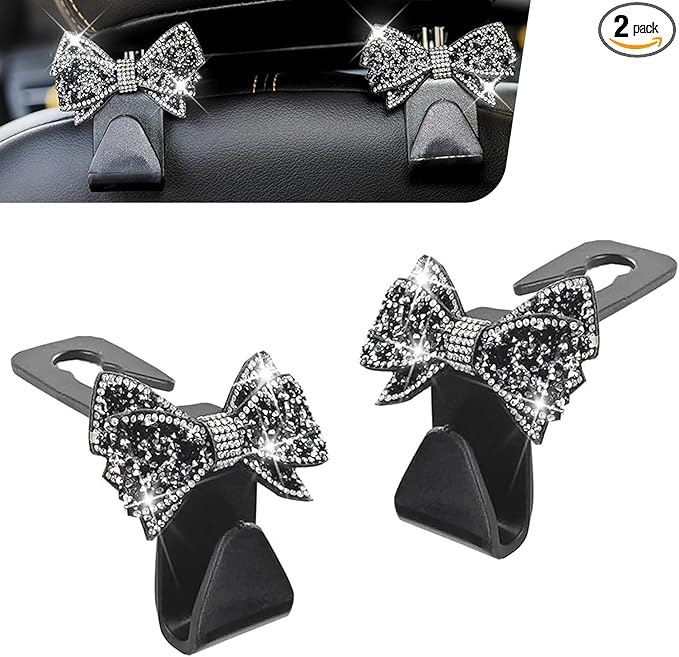 2 PCS Bling Bow Car Seat Headrest Hooks, Cute Rhinestone Bow Car Seat Back Storage Decor Hook, Multi-Purpose Rear Hanger Holder for Bags, Purse, Clothes (Black)