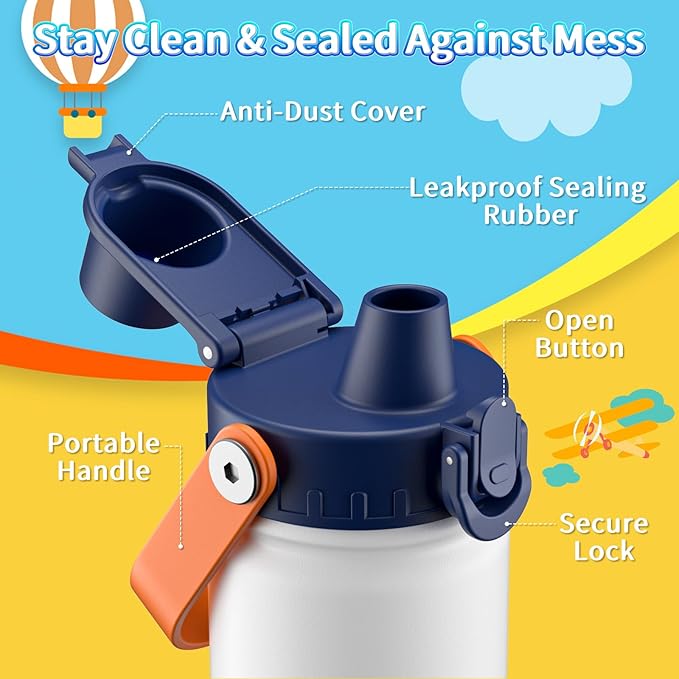 baab 18oz Kids Water Bottle, Insulated Kids Water Bottle with Lockable Spout Lid & Stickers, 18/8 Stainless Steel Vacuum Leakproof Kid Water Cup with Handle for Boy Girl & School (White, 1 Pack)