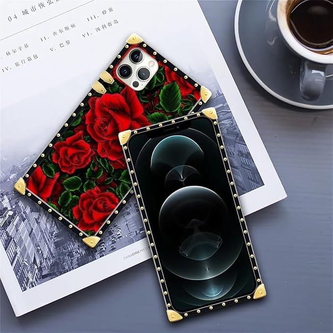 Compatible with iPhone 11 Pro Max Case, Vector Red Rose Green Leaf Luxury Golden Decoration for Girl Women Soft TPU Shockproof Protective Hard PC Back for iPhone 11 Pro Max