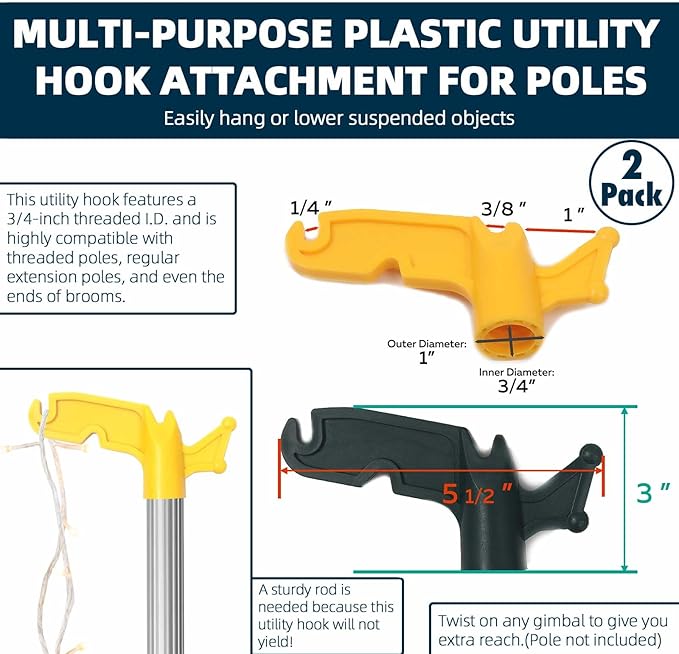 TonGass (2-Pack Multi-Purpose Plastic Utility Hook Attachment for Poles-Screw-On Hook 3/4" Inner Diameter Fits Threaded Poles Extension Poles & Broom Handles, Bird Feeder Pole Hanger Tool