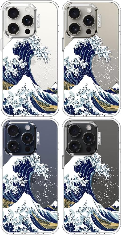 MOSNOVO Case for iPhone 15 Pro, [Buffertech 6.6ft Military-Grade Drop Protection] [Anti Peel Off Tech] Clear TPU Bumper Phone Case Cover Design - Great Wave