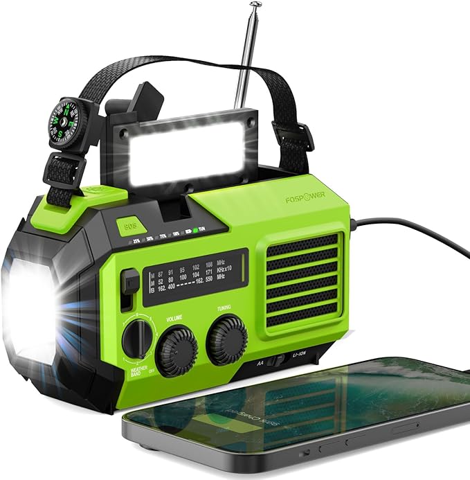 FosPower NOAA Emergency Weather Radio A6 19240mWh Portable Power Bank, AM/FM, USB/Solar/Hand Crank Charging, Battery Operated, SOS Alarm & Flashlight for Indoor/Outdoor Emergency - Green