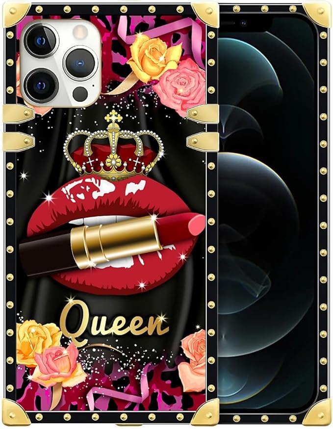 Compatible with iPhone 12 12 Pro Case, Queen Lip Crown Leopard Print Luxury Golden Decoration for Girl Women Soft TPU Shockproof Protective Hard PC Back for iPhone 12 12 Pro