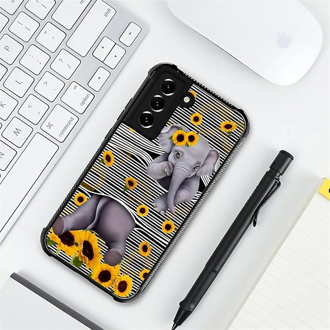 for Samsung Galaxy S21 FE Case, Cute Little Elephant Sunflower White Line Art Pattern Graphic Design Soft Silicone Hard Acrylic Shock Protection for Samsung Galaxy S21 FE