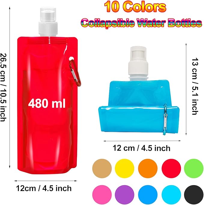 smilixin 10 Pack Collapsible Water Bottles,Reusable Drinking Water Bags with Carabiner Clip,480ml Travel Water Bottle,Leak Proof Water Bottles for Camping,Hiking Travel,Gym,Sports,Biking,BPA Free