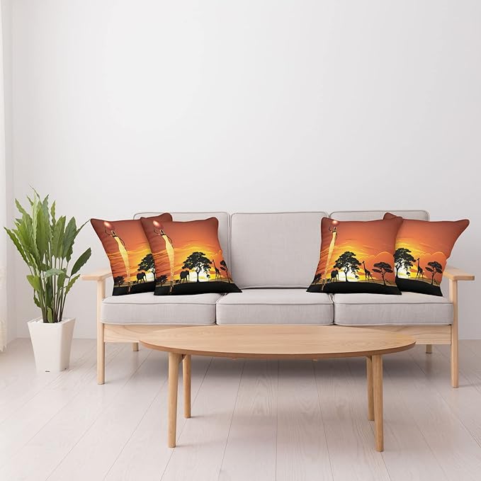 Ambesonne Elephant Throw Pillow Cushion Case Pack of 4, Woman and Wild Landscape with Animals, Modern Accent Double-Sided Digital Printing, 18", Orange Black
