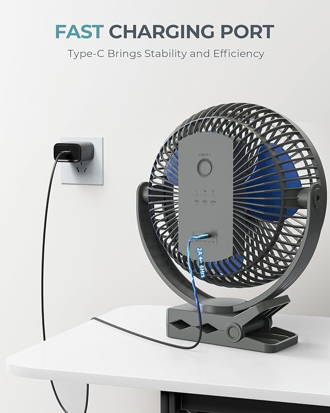 xasla 10000mAh Portable Rechargeable Clip on Fan, 8-inch Battery Operated, 4 Speeds, 24 Hours Work Time for Outdoor, Camping, Golf Cart, Home & Office Use (Blue)