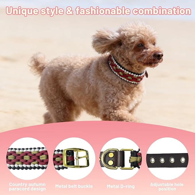 Rustic Autumn Weave Braided Paracord Wide Dog Collar, Adjustable Collar for Medium Large Dogs, Stylish Pet Gear for Boys Girls Dog, XL