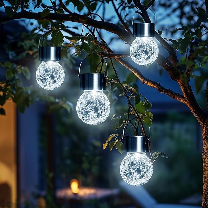 GIGALUMI Solar Lights Outdoor Waterproof, 12 Pack Solar Hanging Lights Garden Decor, Gifts for Women, Solar Outdoor Lantern Waterproof Cracked Glass for Yard, Fence, Tree(Cold White)
