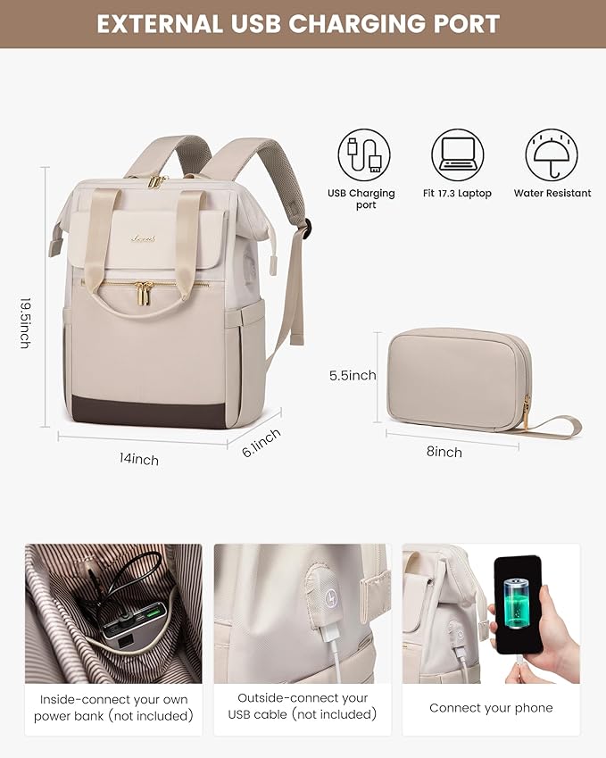 LOVEVOOK 17.3 Inch Laptop Backpack for Women, Large Capacity Travel Backpack with Organizer Bag, Waterproof Carry on Backpack Purse Work Bag with USB Port for Teacher Nurse, Beige-Nude