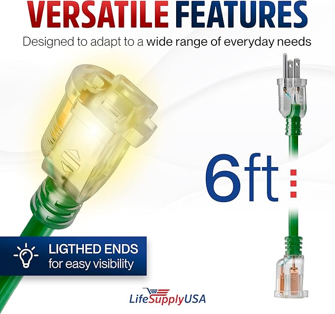 6ft Outdoor/Indoor Extension Cord 16/3 Gauge Heavy Duty 3 Prong SJTW, Waterproof, Flexible Cold-Resistant Long Power Cord,13A 125V 1625W, Green by LifeSupplyUSA