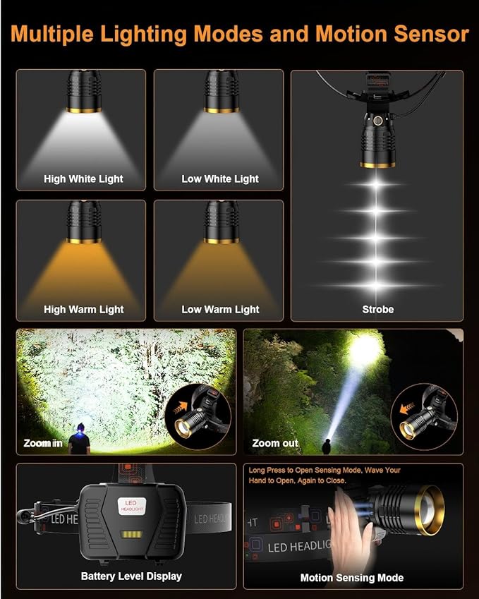 SKYFIRE Rechargeable Headlamp Motion Sensor, LED Super Bright Head lamp with 7500mAh Battery, Zoomable Adjustable Head Light for Cycling Camping Hiking - Dual Light Sources Yellow & White Light