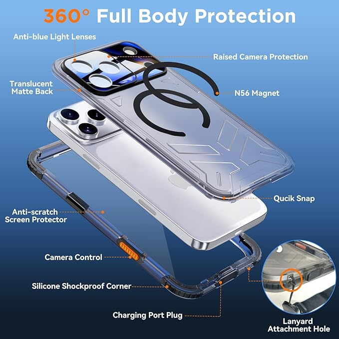 WIFORT for iPhone 17 Pro Waterproof Case, [Fit for Magsafe] with Sapphire Lens & Screen Protector, IP68 Full Body 15FT Military Shockproof, Magnetic Frosted Phone Cover with Lanyard, 6.3" Black