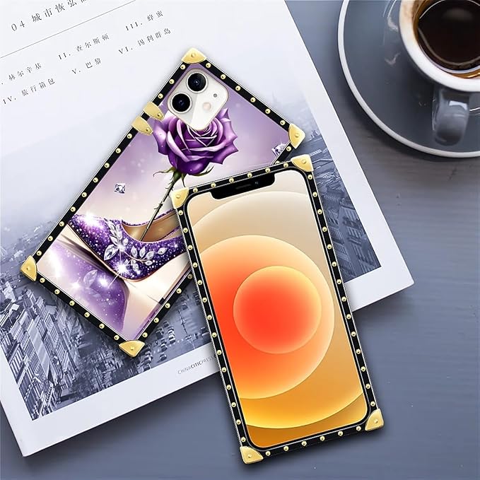 Compatible with iPhone 11 Case, High Heeled Purple Diamond Rose Luxury Golden Decoration for Girl Women Soft TPU Shockproof Protective Hard PC Back for iPhone 11