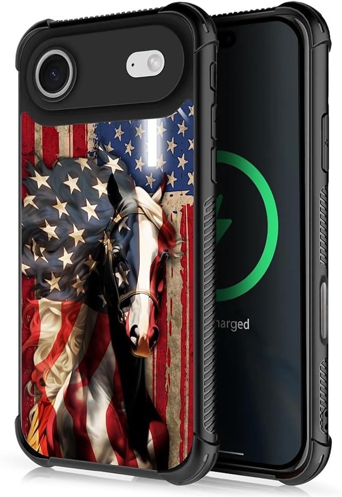 for iPhone 17 Air Case,for MagSafe Graphic Design for Girl Boy Soft Silicone Hard Acrylic Shock Protection Designed for iPhone 17 Air Red American Flag Horse Cross Pattern