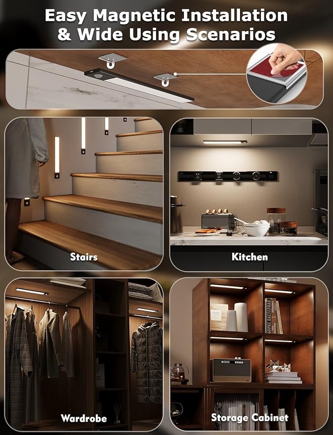 12" Ultra-Thin Under Cabinet Lighting Cordless, Aluminum Alloy Under Counter Lights for Kitchen, 3-Color-Temps Magnetic Closet Lights, Rechargeable Motion Sensor Light Indoor (8 Pack, Black)