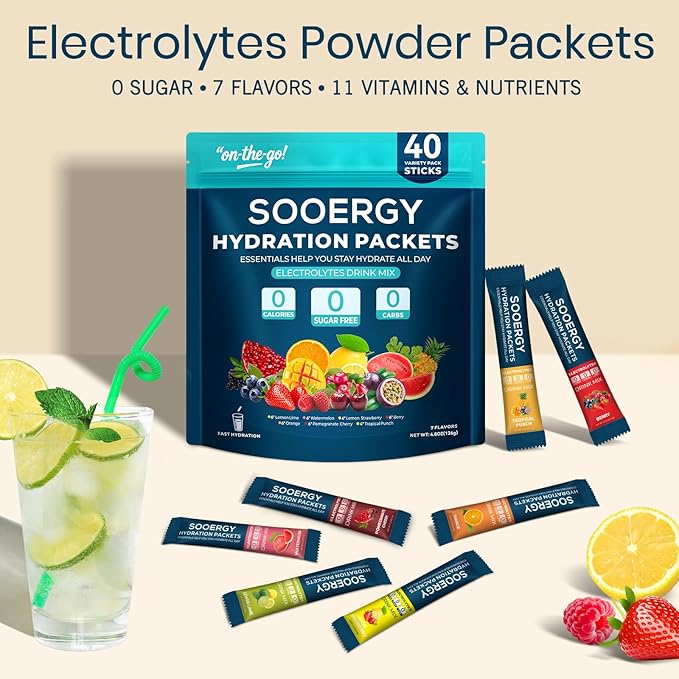 Electrolytes Powder Packets Sugar Free Hydration Packets, 7 Flavors Liquid Daily IV Electrolyte Drink Mixex for Rehydration with Electrolytes, Vitamins, 0 Calorie, 40 Sticks
