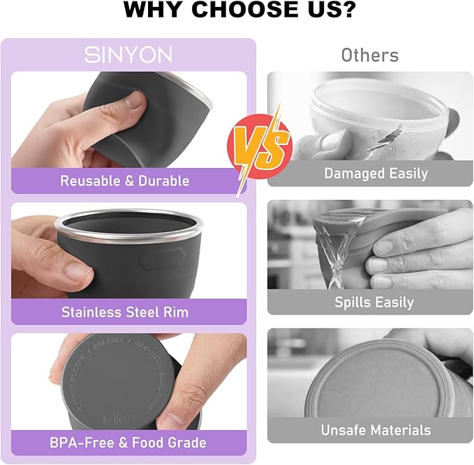 Collapsible Travel Cup, BPA-Free Reusable Water Cup, Lightweight Drinking Cups with Lids and Carrying Strap, Dishwasher Safe Silicone Cups for Camping, Travel, Airports, Hotel (6.7oz, Black)