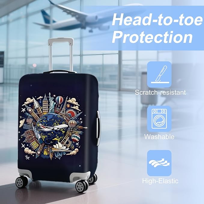 ANNA QUEEN Travel Globe Airplane Luggage Cover -Stretchable Airplane Suitcase Protector Sleeve,Universal Washable Fit for 20-26 Inch Checked Baggage,Water Resistant Durable Luggage Protector