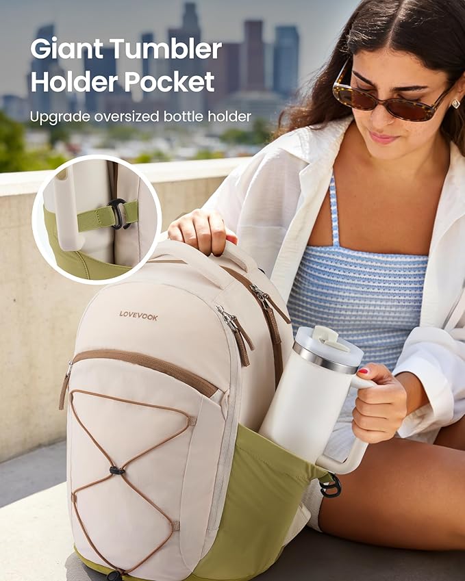 LOVEVOOK Everyday Laptop Backpack for Women & Men With Tumbler Holder,17 Inch Classic Travel Work College Teacher Carry on Backpack Purse,Waterproof Computer laptop Bag Hiking Backpack,Beige-Green