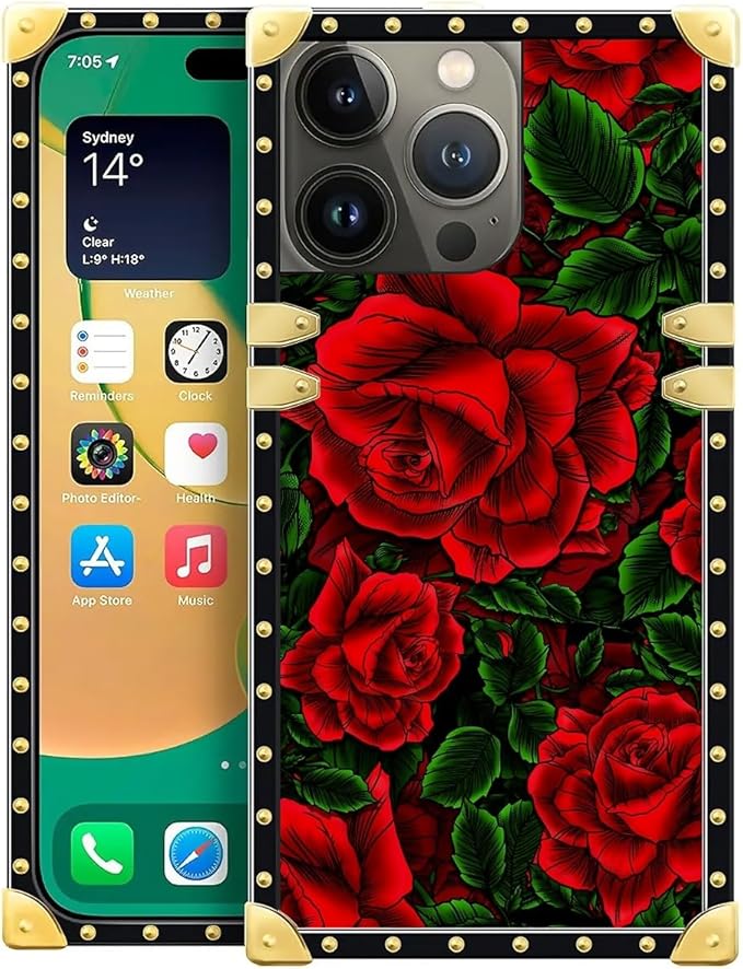 Compatible with iPhone 14 Pro Max Case, Vector Red Rose Green Leaf Luxury Golden Decoration for Girl Women Soft TPU Shockproof Protective Hard PC Back for iPhone 14 Pro Max