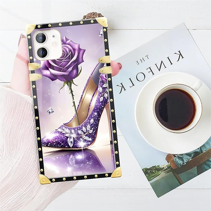 Compatible with iPhone 11 Case, High Heeled Purple Diamond Rose Luxury Golden Decoration for Girl Women Soft TPU Shockproof Protective Hard PC Back for iPhone 11